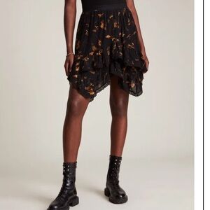 Allsaints Nico Heligan black leaf print asymmetrical skirt grunge